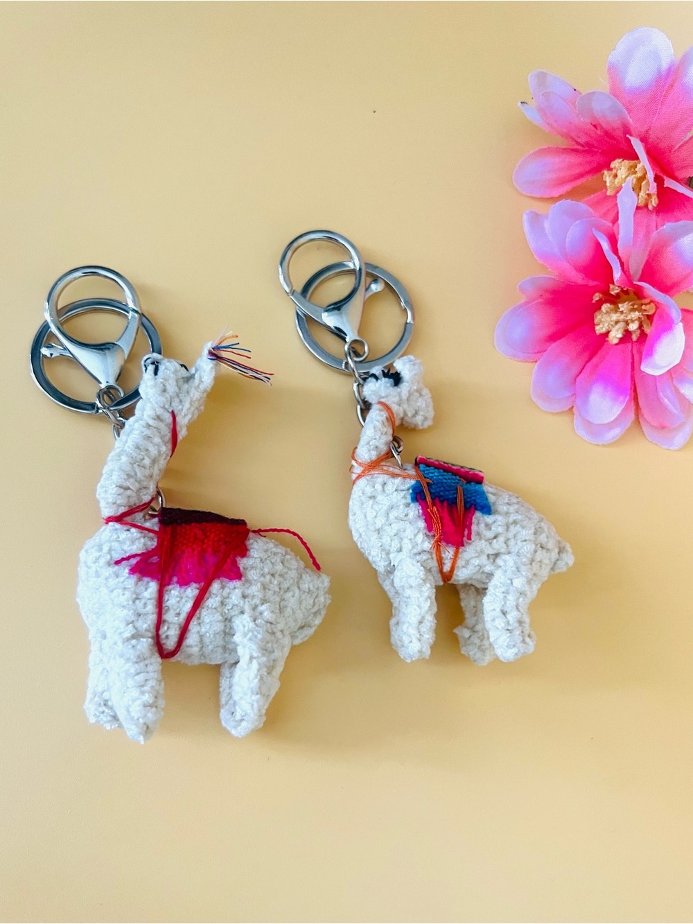 Handmade Crochet Llama Keychain Pair - Cream with Pink & Blue Accent
